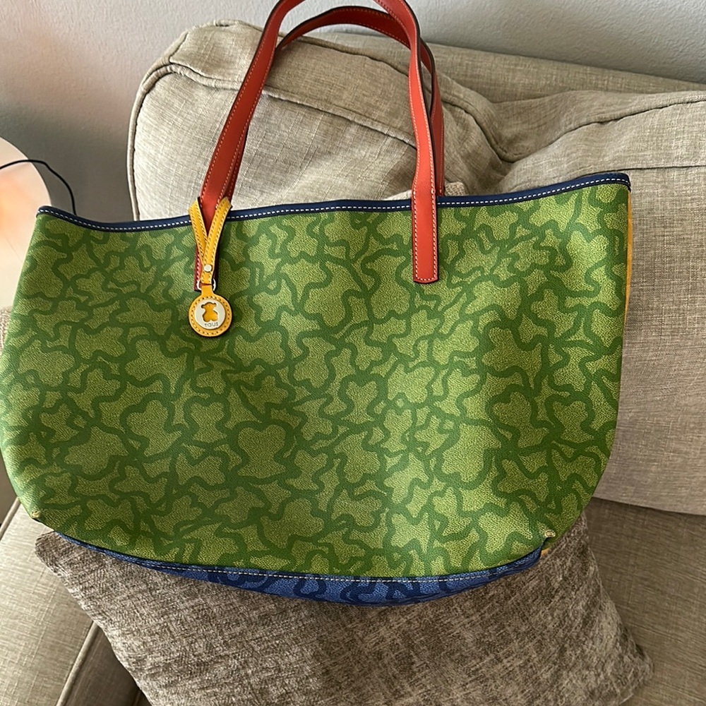 Tous Vibrant Green and Red Tote Bag with Gold Hardware